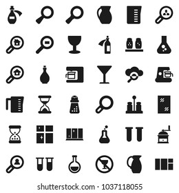 Flat vector icon set - window cleaning vector, shining, oil, measuring cup, hand mill, spices, jug, magnifier, flask, no alcohol sign, glass, cargo search, vial, sand clock, potion, cloud, estate