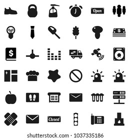 Flat vector icon set - window cleaning vector, splotch, welcome mat, liquid soap, cook hat, cereal, mushroom, alarm clock, annual report, man, tie, diet, weight, snickers, prohibition sign, patch