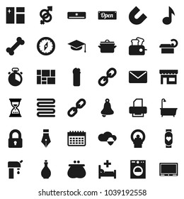 Flat vector icon set - window cleaning vector, bath, agent, pan, oil, towel, cook timer, graduate hat, pen, bell, compass, magnet, music, sand clock, heart monitor, calendar, bone, link, gender sign