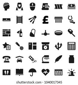 Flat vector icon set - window cleaning vector, welcome mat, washboard, cleaner woman, skimmer, sieve, jar, book, pen, table lamp, schedule, calculator, pound, shuttlecock, phone 24, umbrella, potion