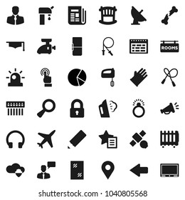 Flat vector icon set - window cleaning vector, steaming, rubber glove, graduate hat, pencil, schedule, pie graph, jump rope, plane, satellite, client, antenna, newspaper, touchscreen, speaking man