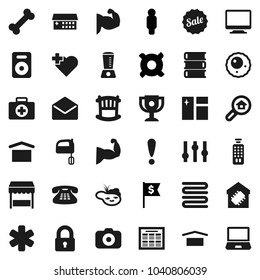 Flat vector icon set - window cleaning vector, towel, mixer, book, schedule, award cup, man, dollar flag, any currency, muscule hand, heart cross, first aid kit, bone, attention, dry cargo, camera