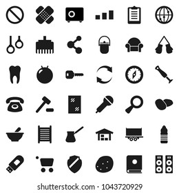 Flat vector icon set - window cleaning vector, washboard, camping cauldron, turk coffee, potato, compass, safe, clipboard, fitball, boxing glove, molecule, water bottle, prohibition sign, sorting