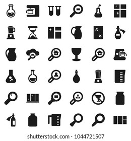 Flat vector icon set - window cleaning vector, shining, oil, measuring cup, jug, jar, magnifier, flask, no alcohol sign, glass, cargo search, vial, sand clock, potion, cloud, estate, client, blender