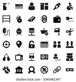 Flat vector icon set - window cleaning vector, sprayer, water closet, mixer, bbq, medal, bank, gold ingot, wallet, boxing glove, calendar, breads, no fastfood, stadium, top sign, shelving, music hit
