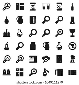 Flat vector icon set - window cleaning vector, shining, oil, measuring cup, spices, jug, jar, magnifier, flask, no alcohol sign, glass, cargo search, vial, sand clock, potion, cloud, estate, client