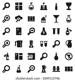 Flat vector icon set - window cleaning vector, shining, oil, measuring cup, hand mill, spices, jug, magnifier, flask, no alcohol sign, glass, cargo search, vial, potion, cloud, estate, client