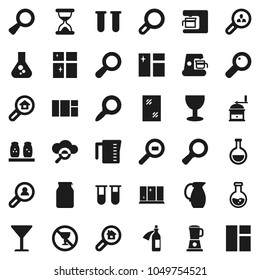 Flat vector icon set - window cleaning vector, shining, measuring cup, hand mill, spices, jug, jar, magnifier, flask, no alcohol sign, glass, cargo search, vial, sand clock, potion, cloud, estate