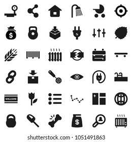 Flat vector icon set - window cleaning vector, welcome mat, shower, skimmer, backpack, leaf, constellation, money bag, target, weight, skateboard, molecule, cereals, tulip, package, big scales, eye
