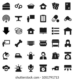 Flat vector icon set - window cleaning vector, foam basin, plates, cleaner woman, kettle, scales, apron, cake, book, blackboard, table lamp, arrow down, pills, breads, bone, hoop, support, warehouse