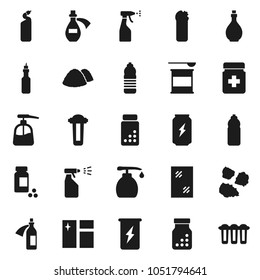 Flat vector icon set - window cleaning vector, liquid soap, sprayer, agent, garbage pile, oil, pills vial, sports nutrition, enegry drink, water bottle, potion, filter