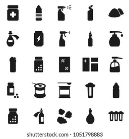 Flat vector icon set - window cleaning vector, liquid soap, sprayer, agent, garbage pile, oil, pills vial, sports nutrition, enegry drink, water bottle, potion, filter