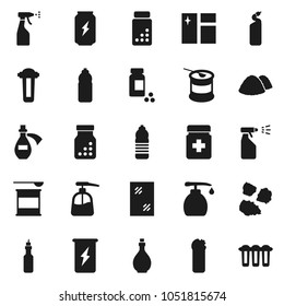 Flat vector icon set - window cleaning vector, liquid soap, sprayer, agent, garbage pile, oil, pills vial, sports nutrition, enegry drink, water bottle, potion, filter