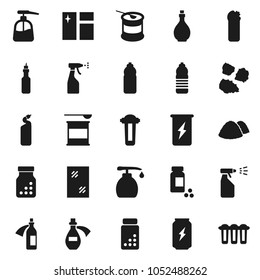 Flat vector icon set - window cleaning vector, liquid soap, sprayer, agent, garbage pile, oil, pills vial, sports nutrition, enegry drink, water bottle, potion, filter