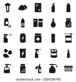 Flat vector icon set - window cleaning vector, liquid soap, sprayer, agent, garbage pile, oil, pills vial, sports nutrition, enegry drink, water bottle, potion, filter