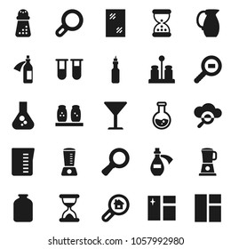 Flat vector icon set - window cleaning vector, measuring cup, hand mill, spices, jug, jar, oil, magnifier, flask, glass, cargo search, vial, sand clock, potion, cloud, estate, blender