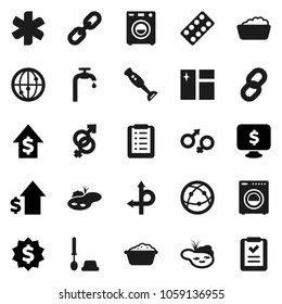 Flat vector icon set - window cleaning vector, toilet brush, foam basin, blender, dollar growth, medal, monitor, route, internet, ambulance star, gender sign, pills blister, chain, pond, washer