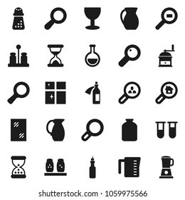 Flat vector icon set - window cleaning vector, shining, measuring cup, hand mill, spices, jug, jar, oil, magnifier, glass, cargo search, flask, vial, sand clock, potion, estate, client, blender