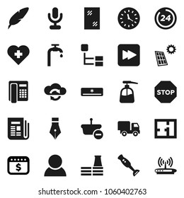 Flat vector icon set - window cleaning vector, liquid soap, blender, pen, dollar calendar, heart cross, clock, newspaper, microphone, forward button, cloud exchange, hierarchy, stop, solar panel