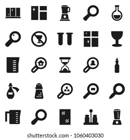 Flat vector icon set - window cleaning vector, shining, measuring cup, hand mill, spices, oil, magnifier, no alcohol sign, glass, cargo search, flask, vial, sand clock, potion, estate, client