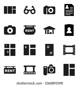 Flat vector icon set - window cleaning vector, shining, glasses, personal information, film frame, camera, barn, rent signboard