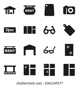 Flat vector icon set - window cleaning vector, shining, cutting board, glasses, film frame, barn, rent signboard, open, camera