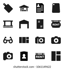 Flat vector icon set - window cleaning vector, cutting board, glasses, personal information, film frame, camera, barn, rent signboard