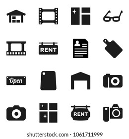 Flat vector icon set - window cleaning vector, shining, cutting board, glasses, personal information, film frame, camera, barn, rent signboard, open