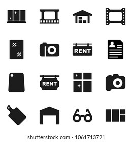 Flat vector icon set - window cleaning vector, shining, cutting board, glasses, personal information, film frame, camera, barn, rent signboard