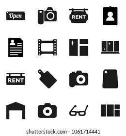 Flat vector icon set - window cleaning vector, shining, cutting board, glasses, personal information, film frame, camera, barn, rent signboard, open