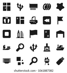 Flat vector icon set - window cleaning vector, splotch, plates, shining, bbq, flag, magnifier, scales, ship, truck trailer, stop button, backward, loading, route arrow, barn, office building, usb