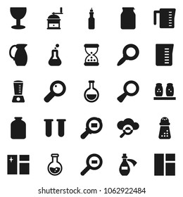 Flat vector icon set - window cleaning vector, measuring cup, hand mill, spices, jug, jar, oil, magnifier, flask, glass, cargo search, vial, sand clock, potion, cloud, blender