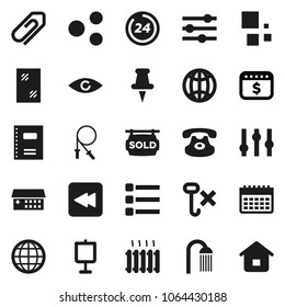 Flat vector icon set - window cleaning vector, shower, copybook, presentation, dollar calendar, jump rope, no hook, settings, classic phone, thumbtack, backward button, eye, hospital building