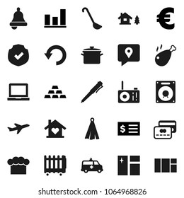 Flat vector icon set - window cleaning vector, pan, cook hat, towel, ladle, chicken leg, pen, bell, notebook pc, graph, receipt, euro sign, gold ingot, plane, traking, protected, amkbulance car