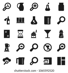 Flat vector icon set - window cleaning vector, shining, measuring cup, hand mill, jug, jar, magnifier, flask, no alcohol sign, glass, cargo search, sand clock, potion, cloud, estate, client, blender