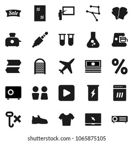 Flat vector icon set - window cleaning vector, washboard, water closet, blackboard, flask, cash, safe, snickers, boxing glove, t shirt, enegry drink, plane, no hook, notebook pc, play button, jack