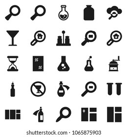 Flat vector icon set - window cleaning vector, hand mill, spices, jar, oil, magnifier, flask, no alcohol sign, glass, cargo search, vial, sand clock, potion, cloud, estate