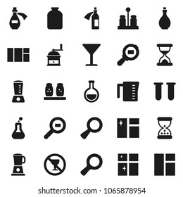 Flat vector icon set - window cleaning vector, shining, oil, measuring cup, hand mill, spices, jar, magnifier, no alcohol sign, glass, cargo search, flask, vial, sand clock, potion, blender