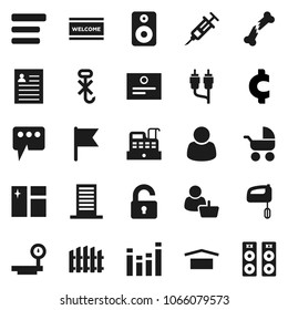 Flat vector icon set - window cleaning vector, welcome mat, certificate, personal information, flag, cent sign, dry cargo, no hook, big scales, equalizer, speaker, rca, syringe, broken bone, menu