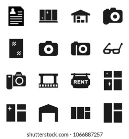 Flat vector icon set - window cleaning vector, shining, glasses, personal information, film frame, camera, barn, rent signboard