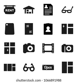 Flat vector icon set - window cleaning vector, shining, cutting board, glasses, personal information, film frame, camera, barn, rent signboard, open