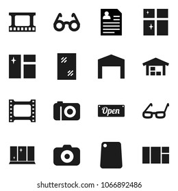 Flat vector icon set - window cleaning vector, shining, cutting board, glasses, personal information, film frame, camera, barn, open