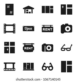 Flat vector icon set - window cleaning vector, shining, glasses, film frame, camera, barn, rent signboard, open