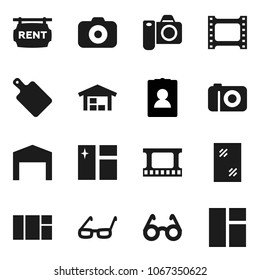 Flat vector icon set - window cleaning vector, cutting board, glasses, personal information, film frame, camera, barn, rent signboard