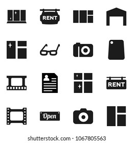 Flat vector icon set - window cleaning vector, shining, cutting board, glasses, personal information, film frame, camera, barn, rent signboard, open