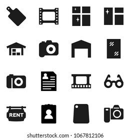 Flat vector icon set - window cleaning vector, shining, cutting board, glasses, personal information, film frame, camera, barn, rent signboard