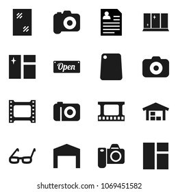 Flat vector icon set - window cleaning vector, shining, cutting board, glasses, personal information, film frame, camera, barn, open