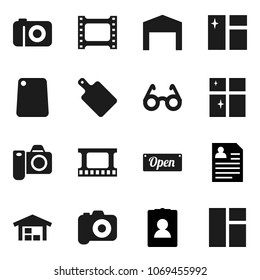 Flat vector icon set - window cleaning vector, shining, cutting board, glasses, personal information, film frame, camera, barn, open