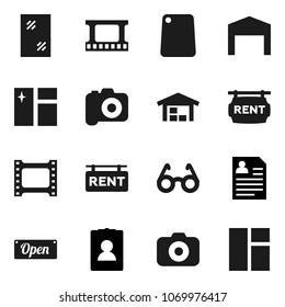 Flat vector icon set - window cleaning vector, cutting board, glasses, personal information, film frame, camera, barn, rent signboard, open