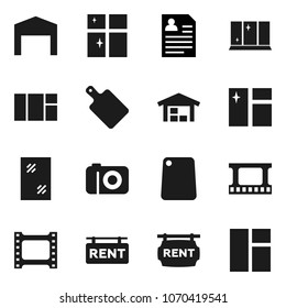 Flat vector icon set - window cleaning vector, shining, cutting board, personal information, film frame, barn, rent signboard, camera